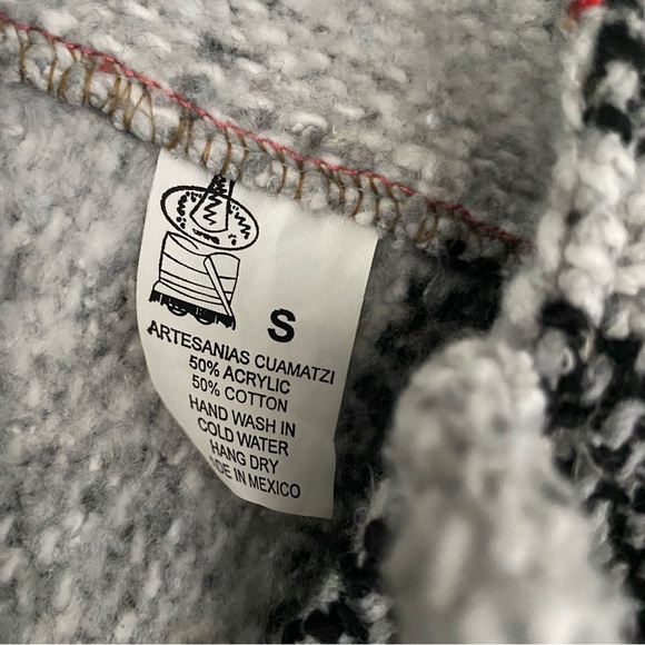 90s Grey & Black Hippie Boho Hooded Sweatshirt Baja Jerga Mexican Hoodie - Picture 3 of 6